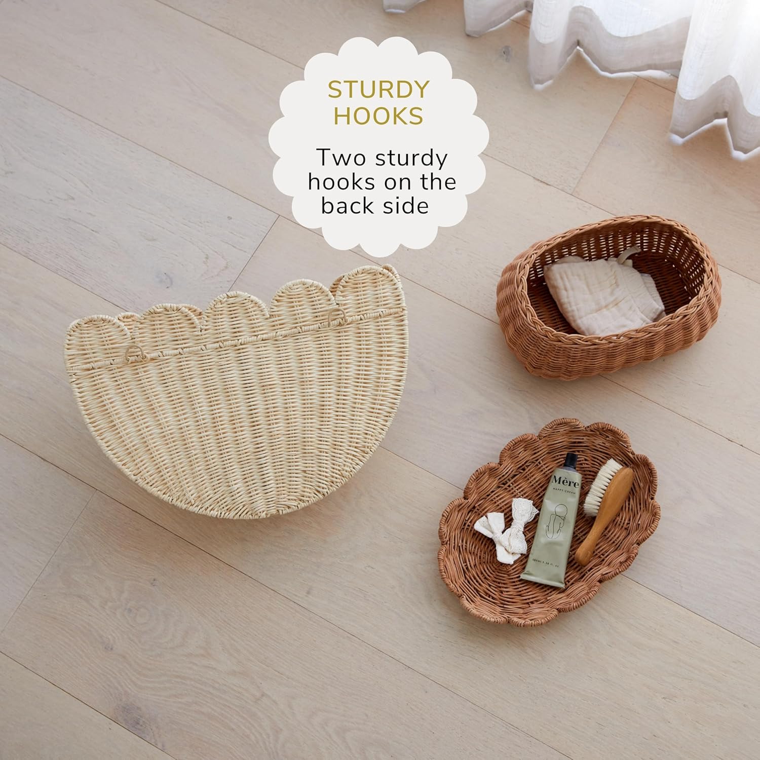 BEBE BASK Scalloped Wicker Wall Basket - 16x10x7 Inch Natural