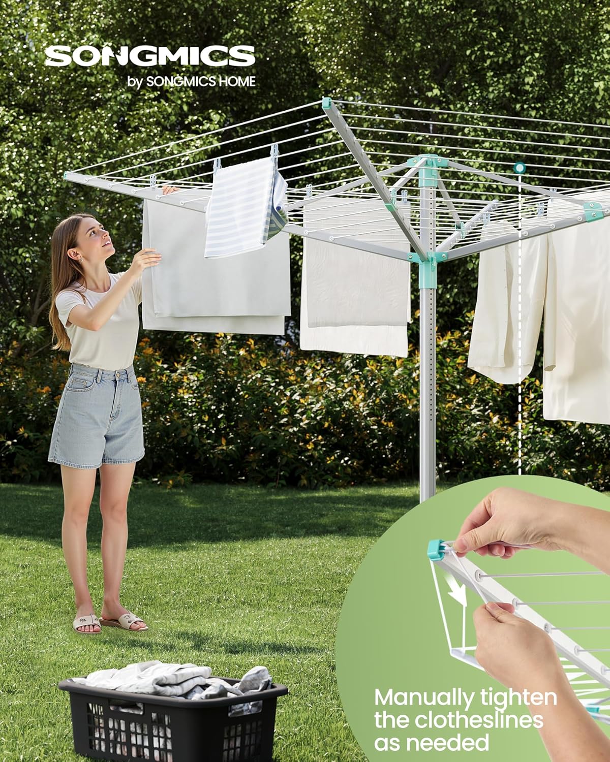 SONGMICS Retractable Clothesline Drying Rack 164 ft 5 Loads Height Adjustable Garden Use Silver Green