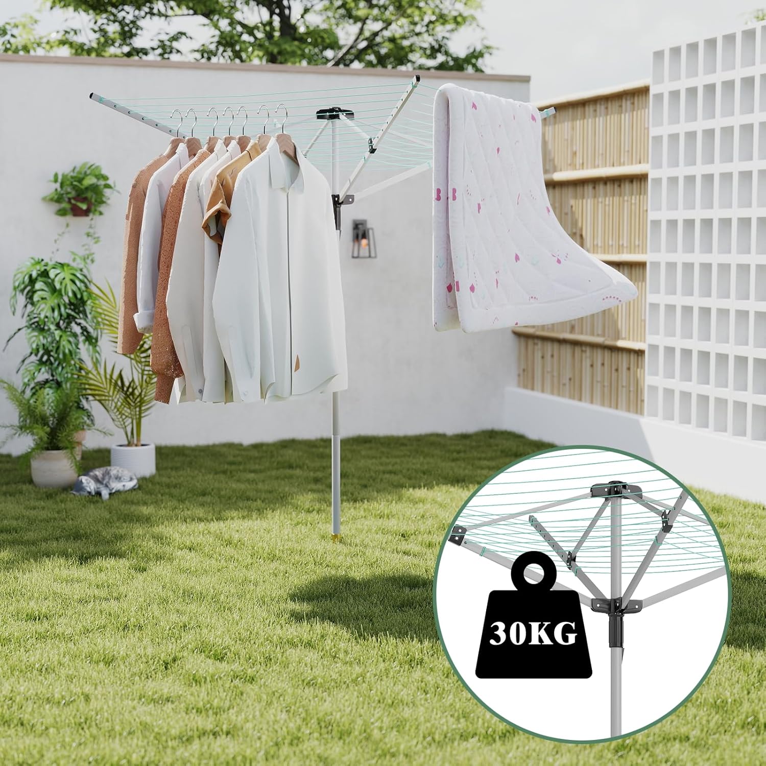 Rotary Outdoor Umbrella Drying Rack with 12 Lines and 4 Arms