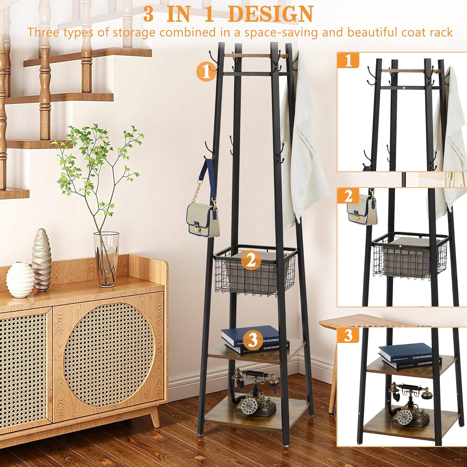 VECELO Freestanding Coat Rack with Metal Basket and Shelves