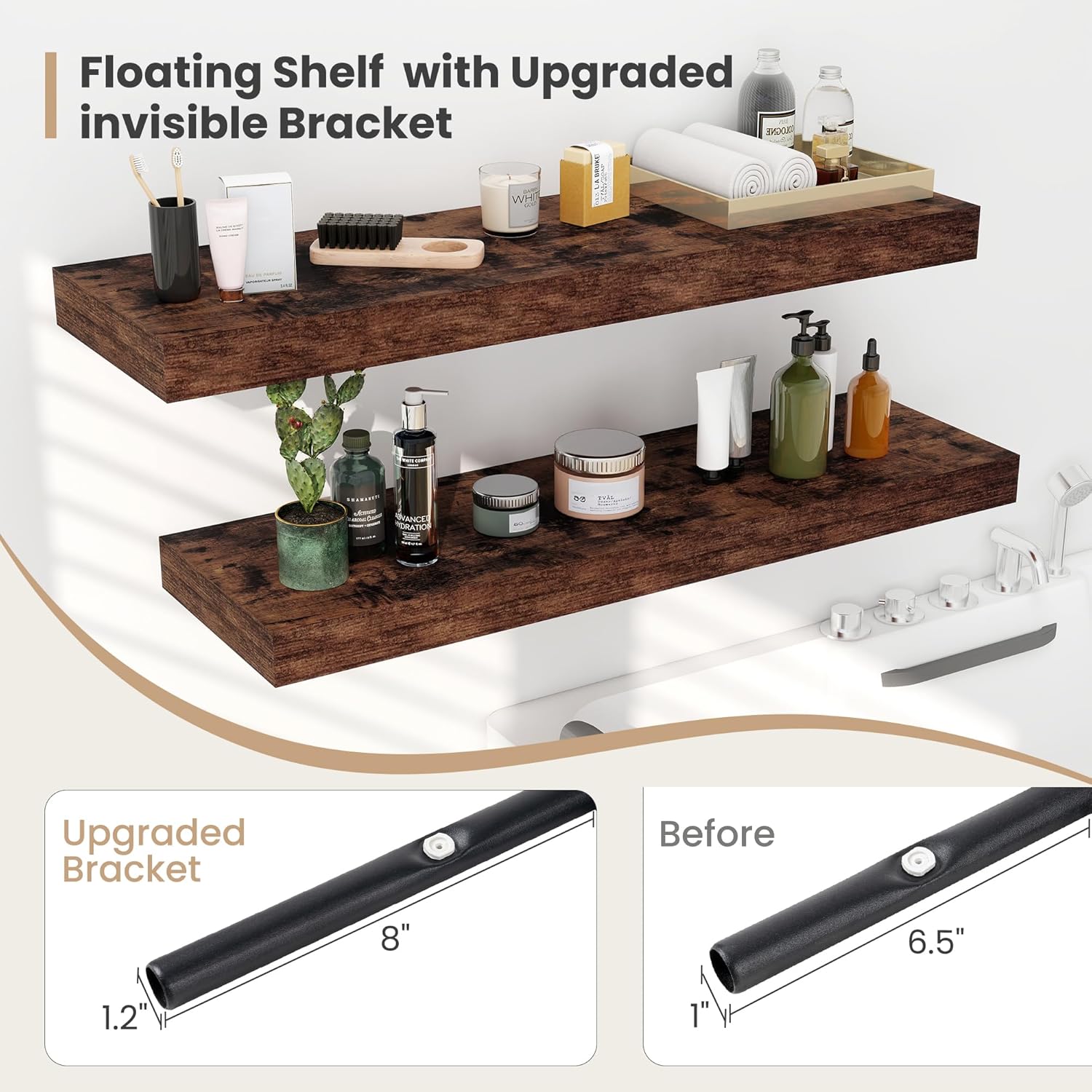 12 Inch Deep Floating Shelves Set of 2 Rustic Brown