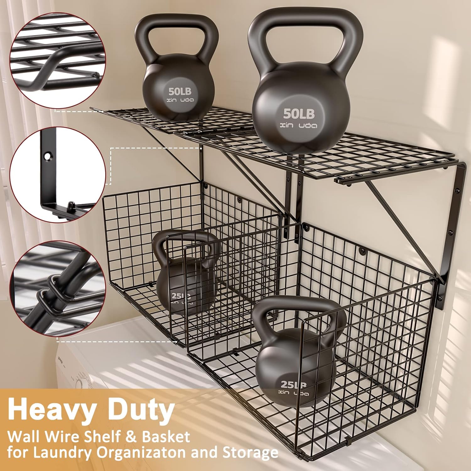 2 Pack Laundry Room Shelves with 8 Hooks Black