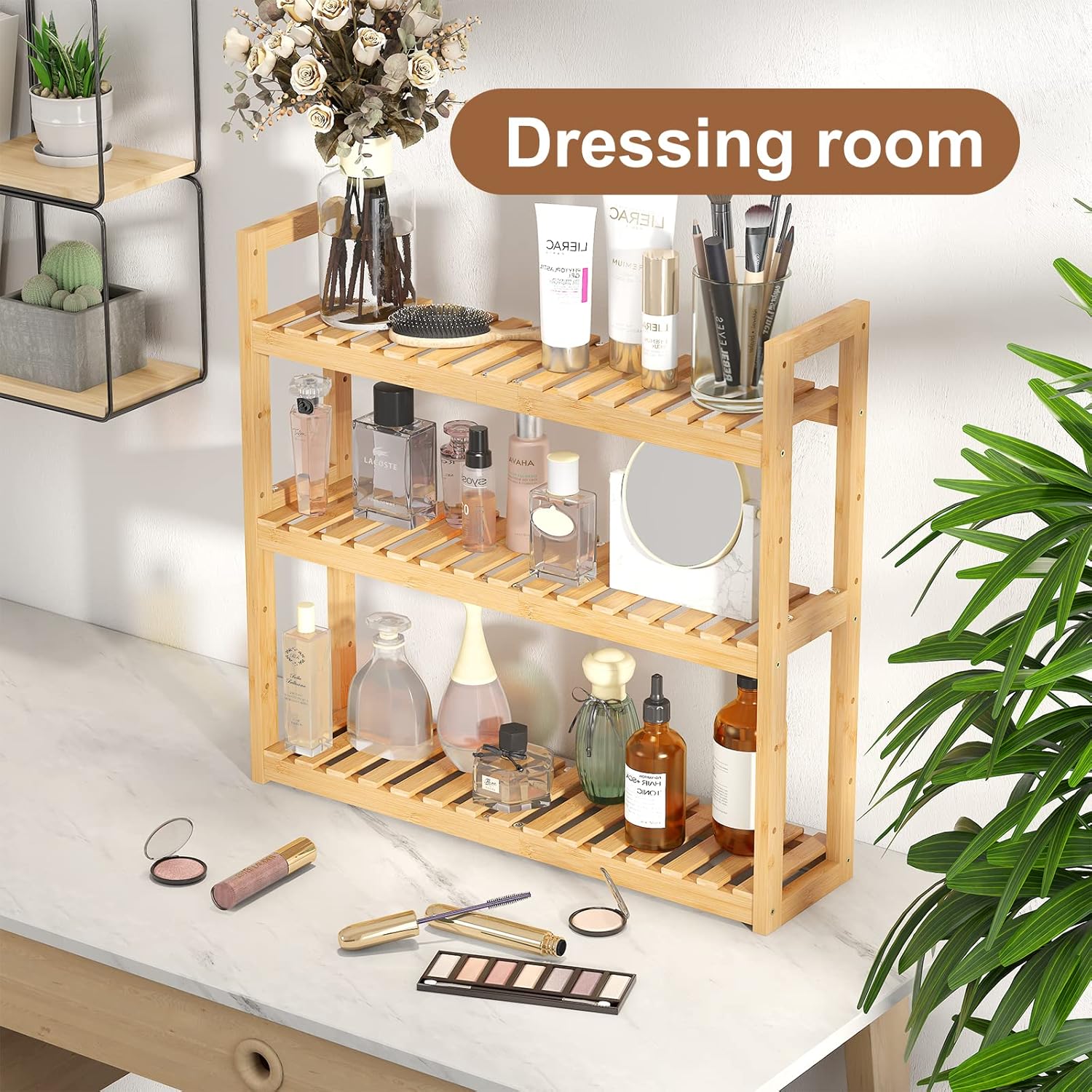 FILWH Bamboo Organizer Rack - Adjustable 3 Tier Storage Shelf