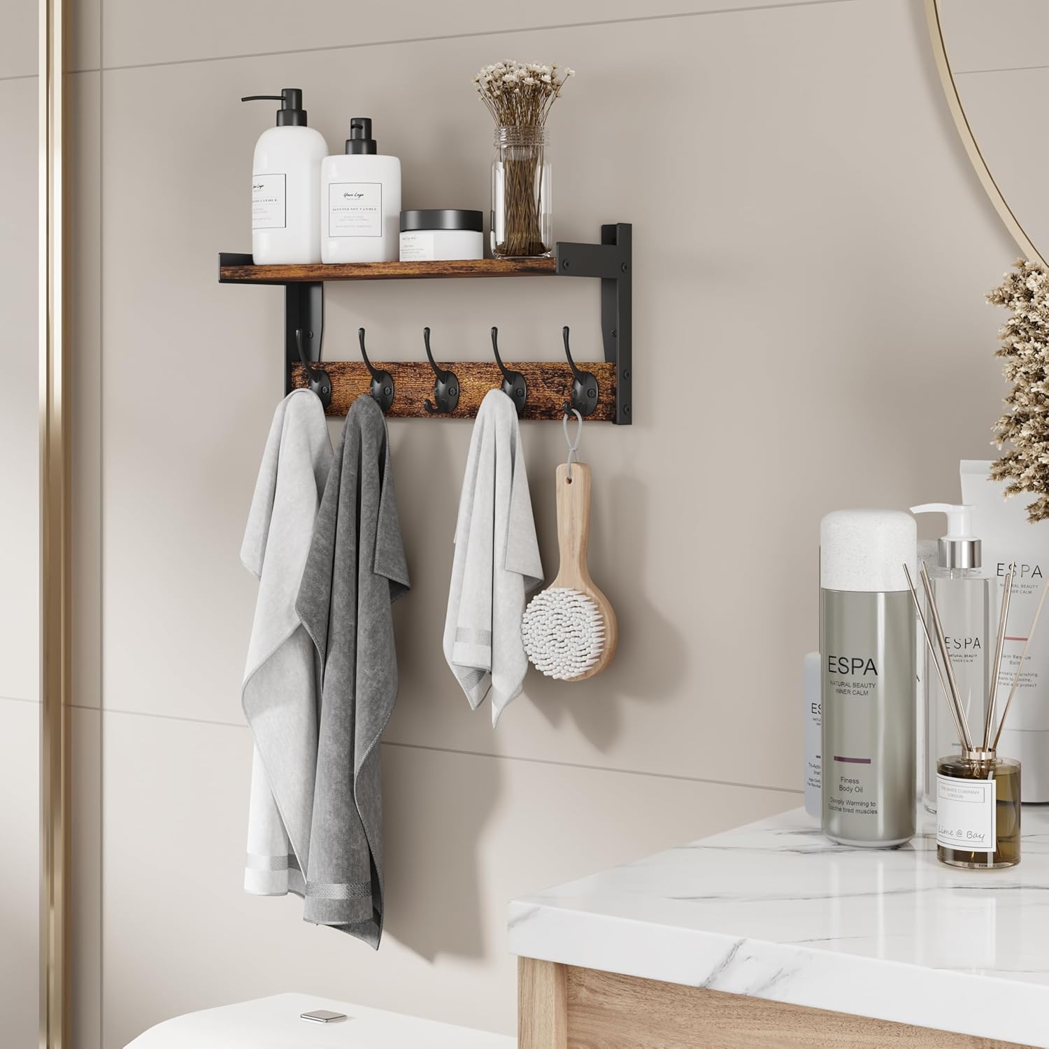 Wall Hooks with Shelf Wood Coat Rack with 5 Metal Hooks