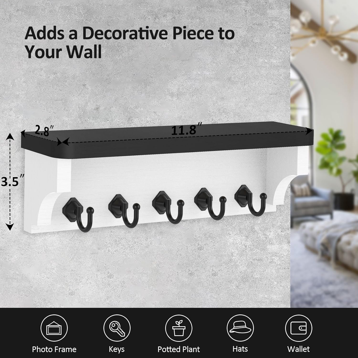 Nekon Wall Key Holder with Floating Shelf and 5 Hooks Black