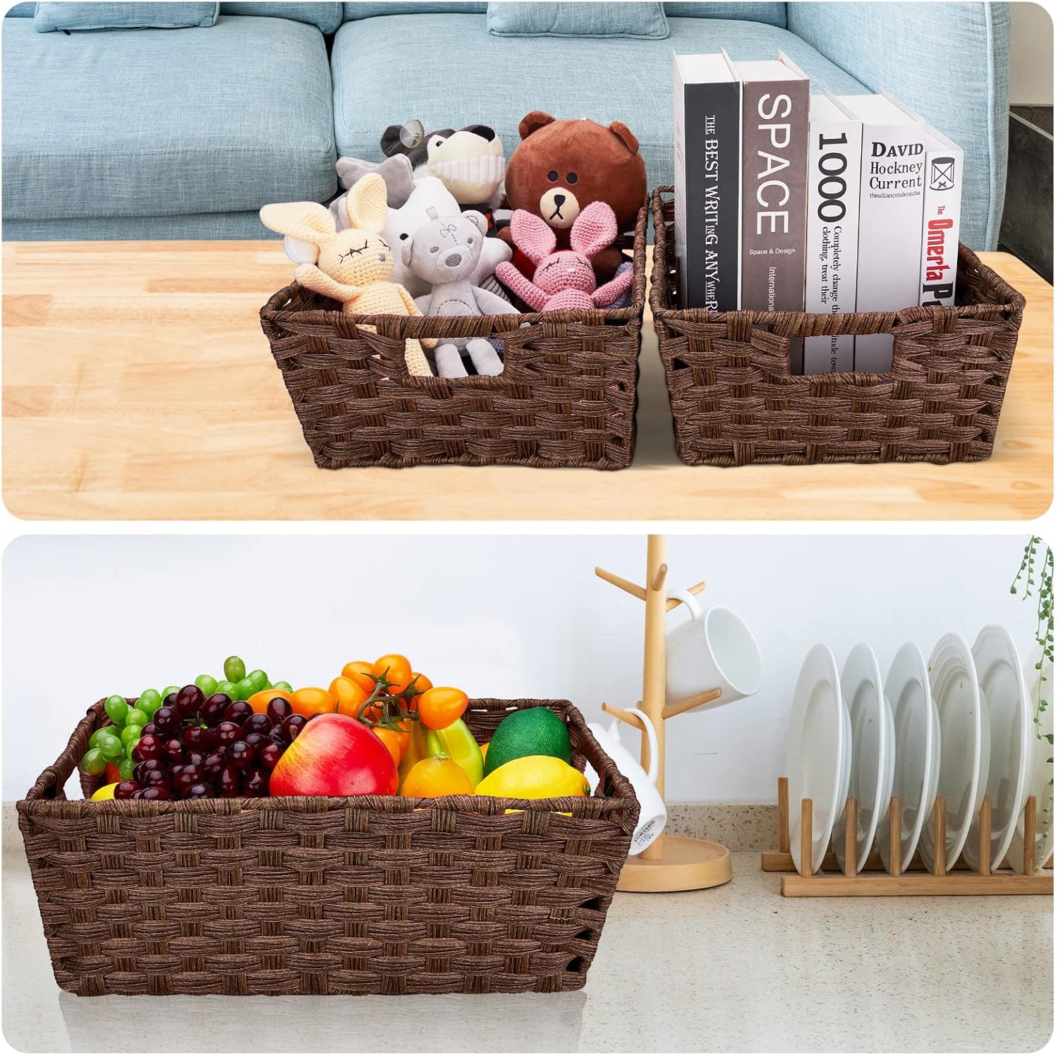 Large Wicker Storage Basket Set of 2 Brown Waterproof