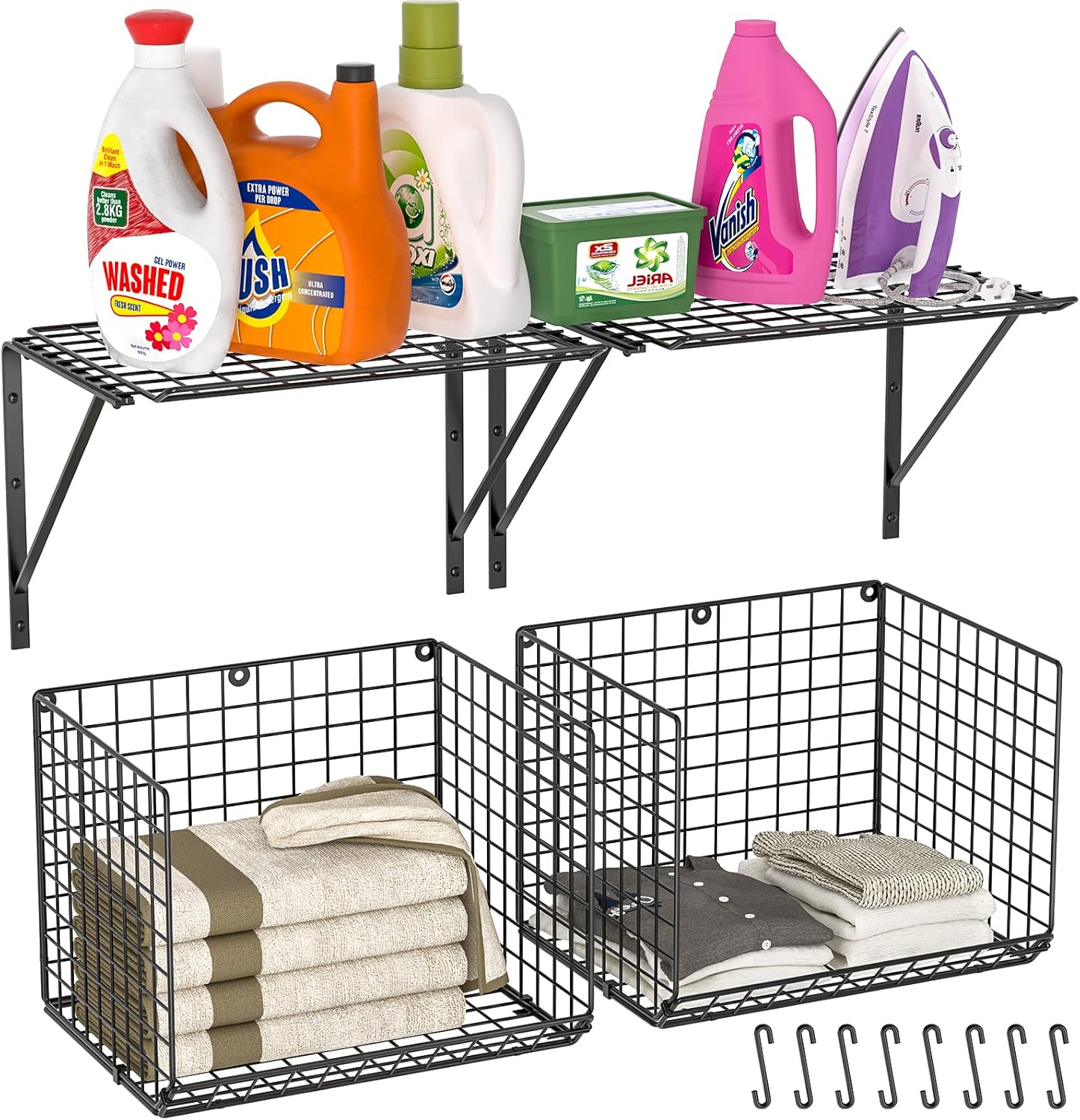 2 Pack Laundry Room Shelves with 8 Hooks Black