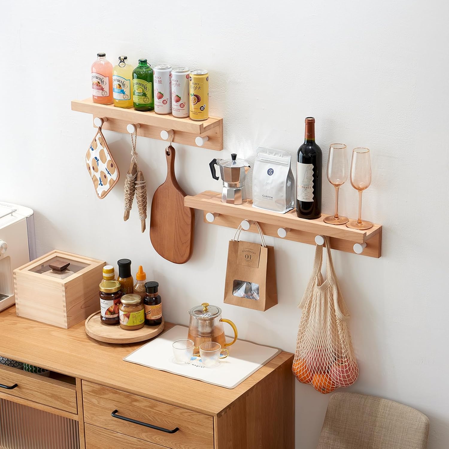 Beech Wood Wall Hooks with Shelf 19 Inch