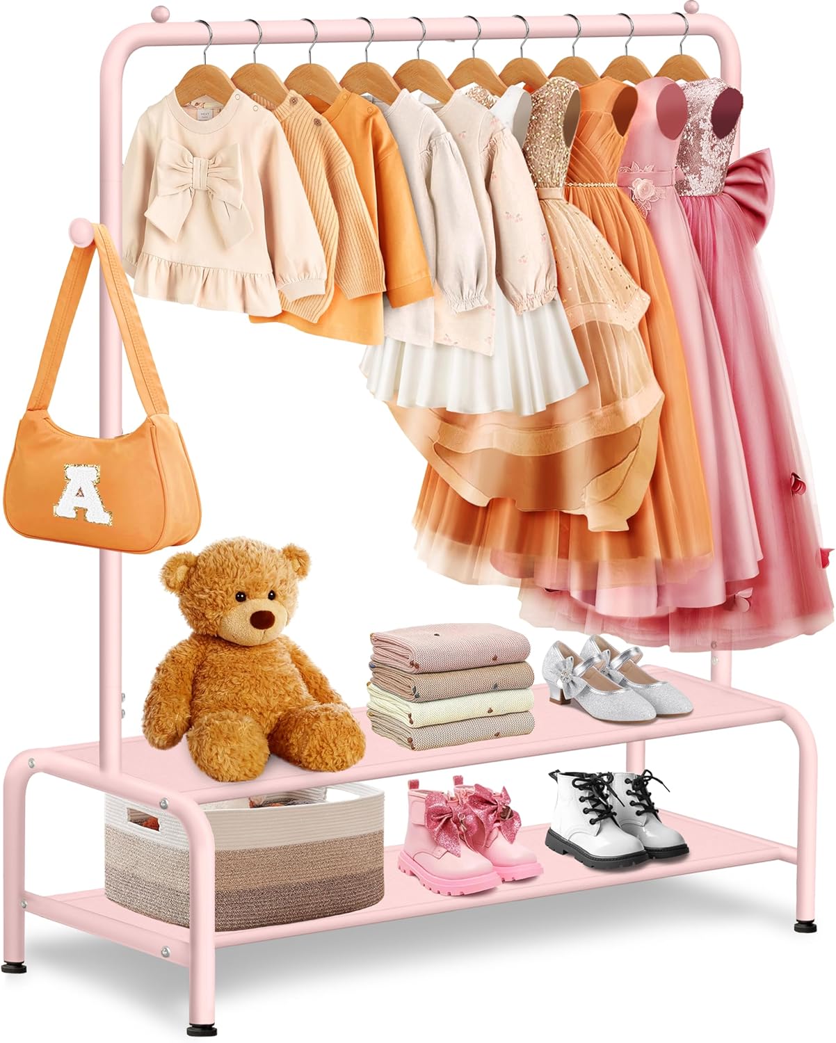 Kids Dress Up Rack with 2 Fabric Shelves and U-Shape Base