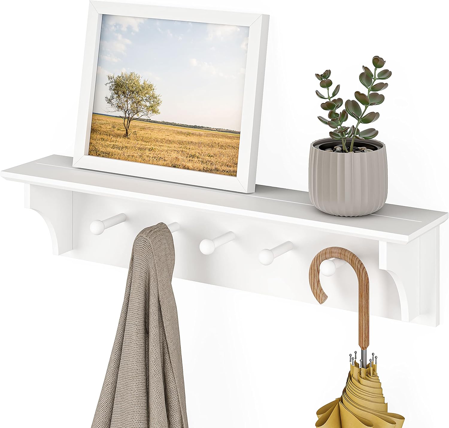 Ballucci Floating Coat and Hat Wall Shelf Rack 5 Pegs 24 White