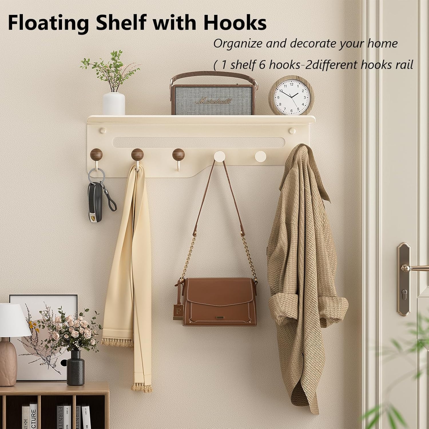 Modern Wall Mount Coat Rack with 6 Hooks and Shelf