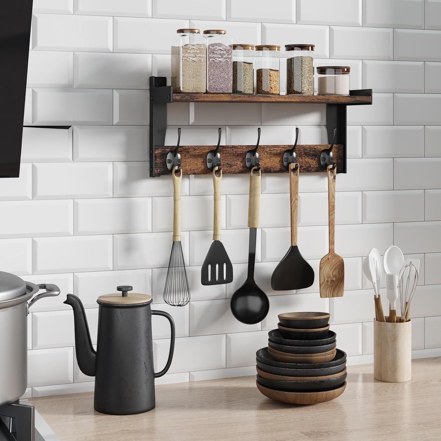 Wall Hooks with Shelf Wood Coat Rack with 5 Metal Hooks