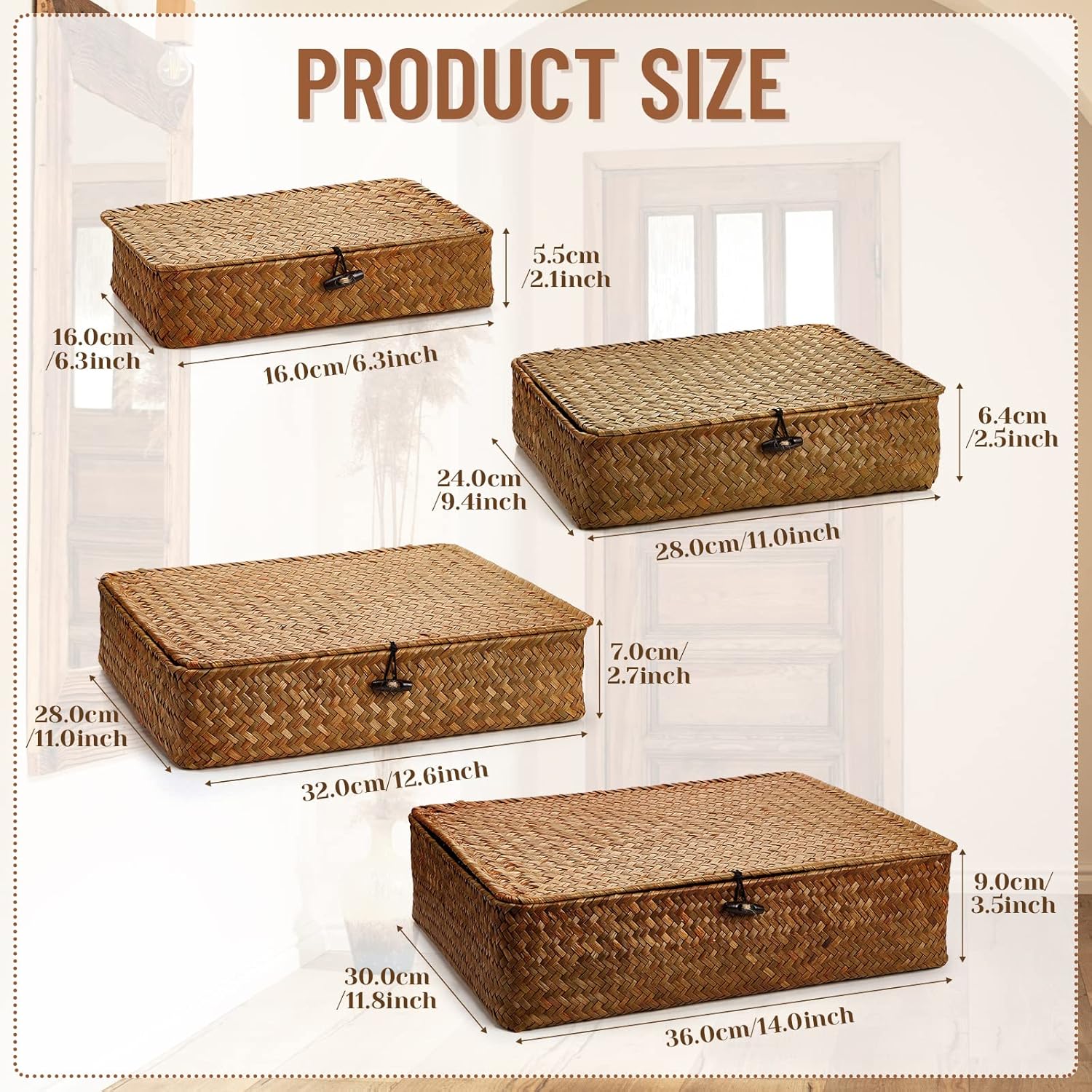 Set of 4 Seagrass Storage Baskets with Lids