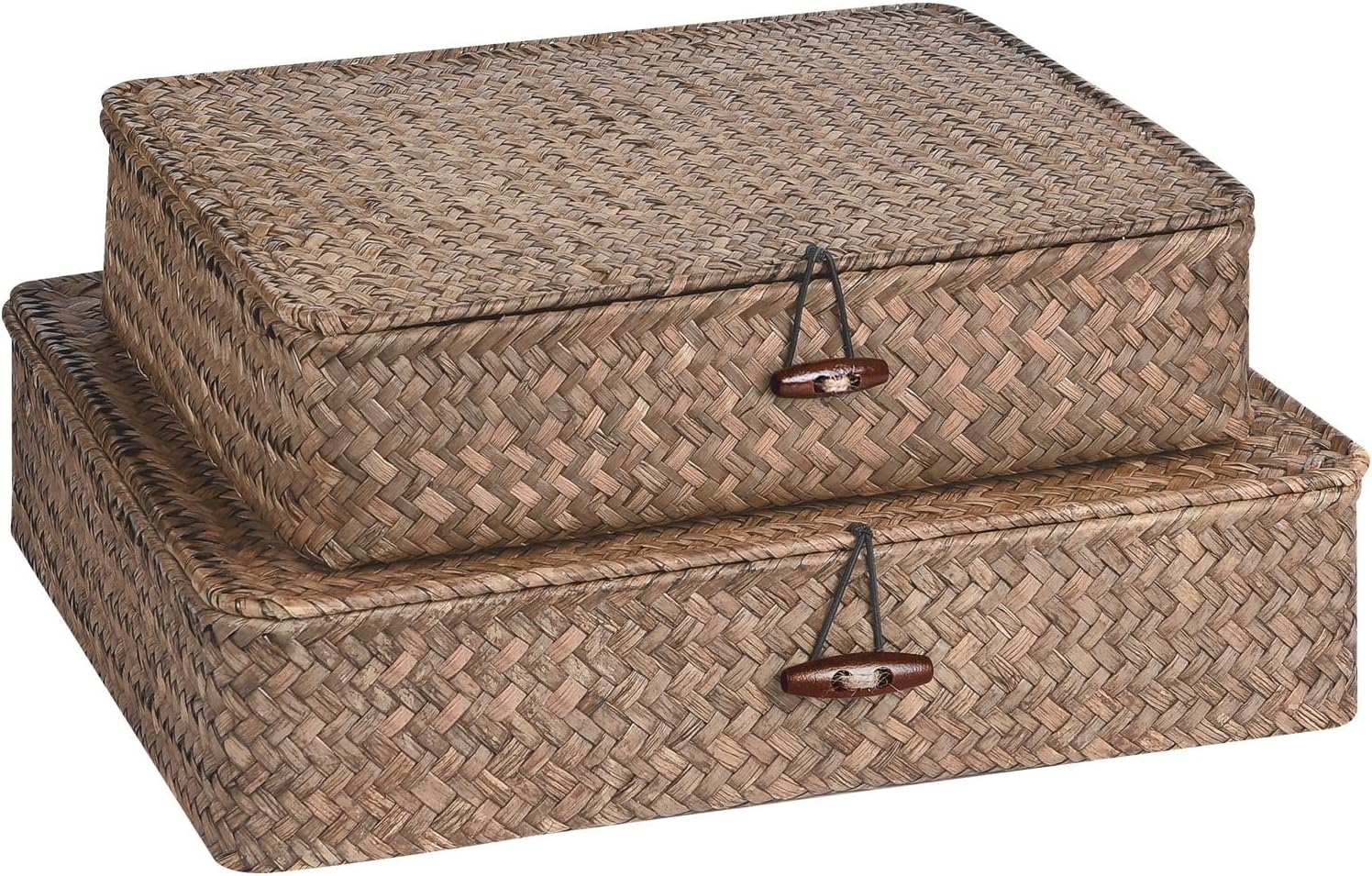 FOSSORH Set of 2 Flat Seagrass Storage Bins with Lid