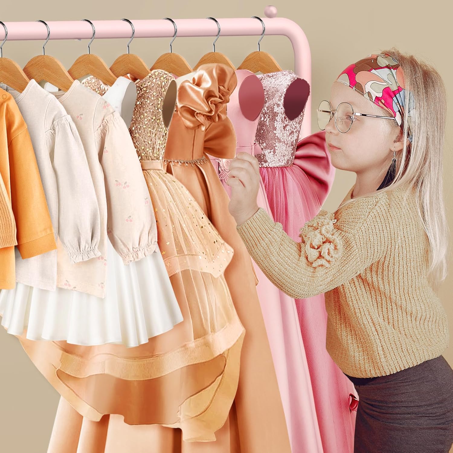 Kids Dress Up Rack with 2 Fabric Shelves and U-Shape Base