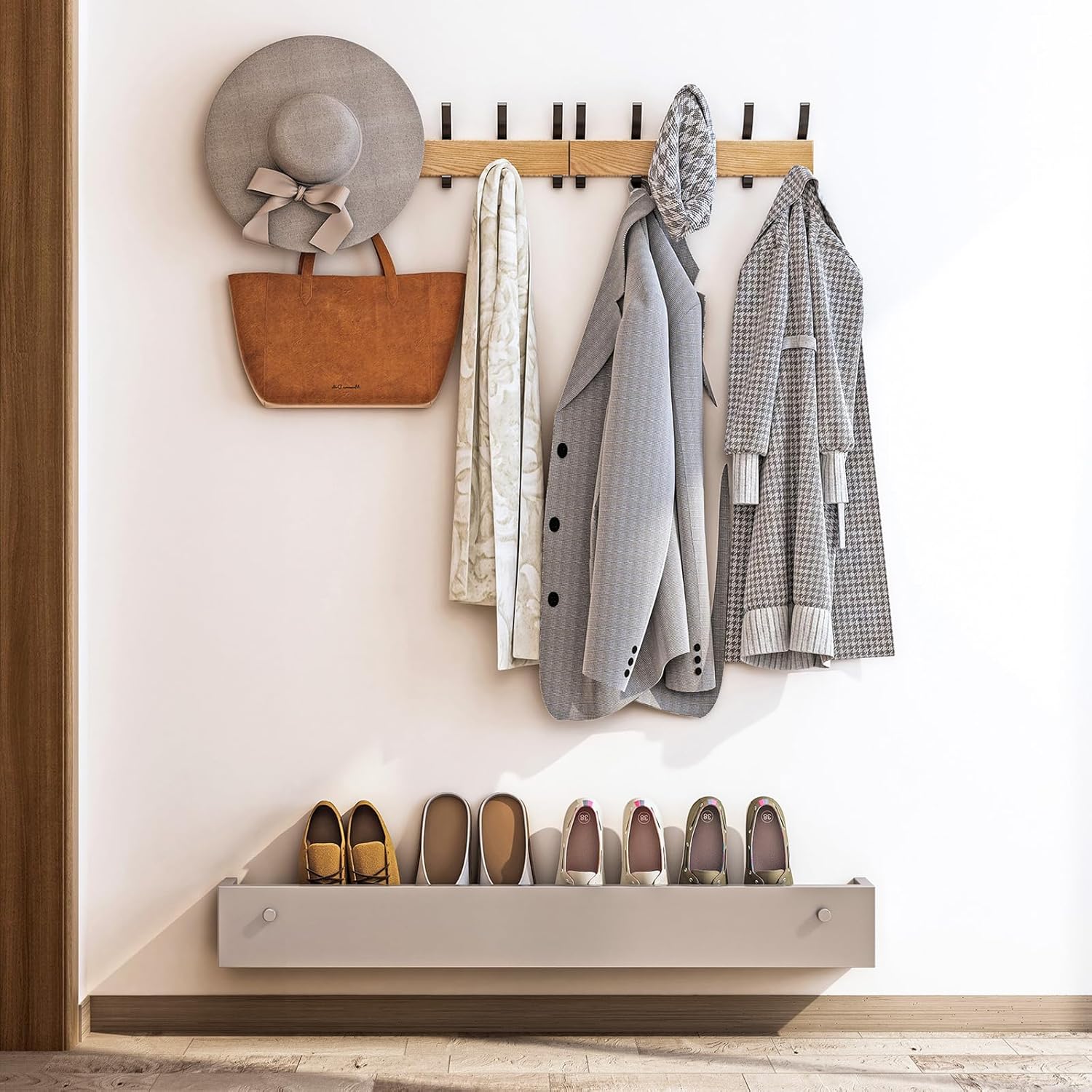 Solid Wood Coat Rack with 5 Black Hooks and Aluminum Frame