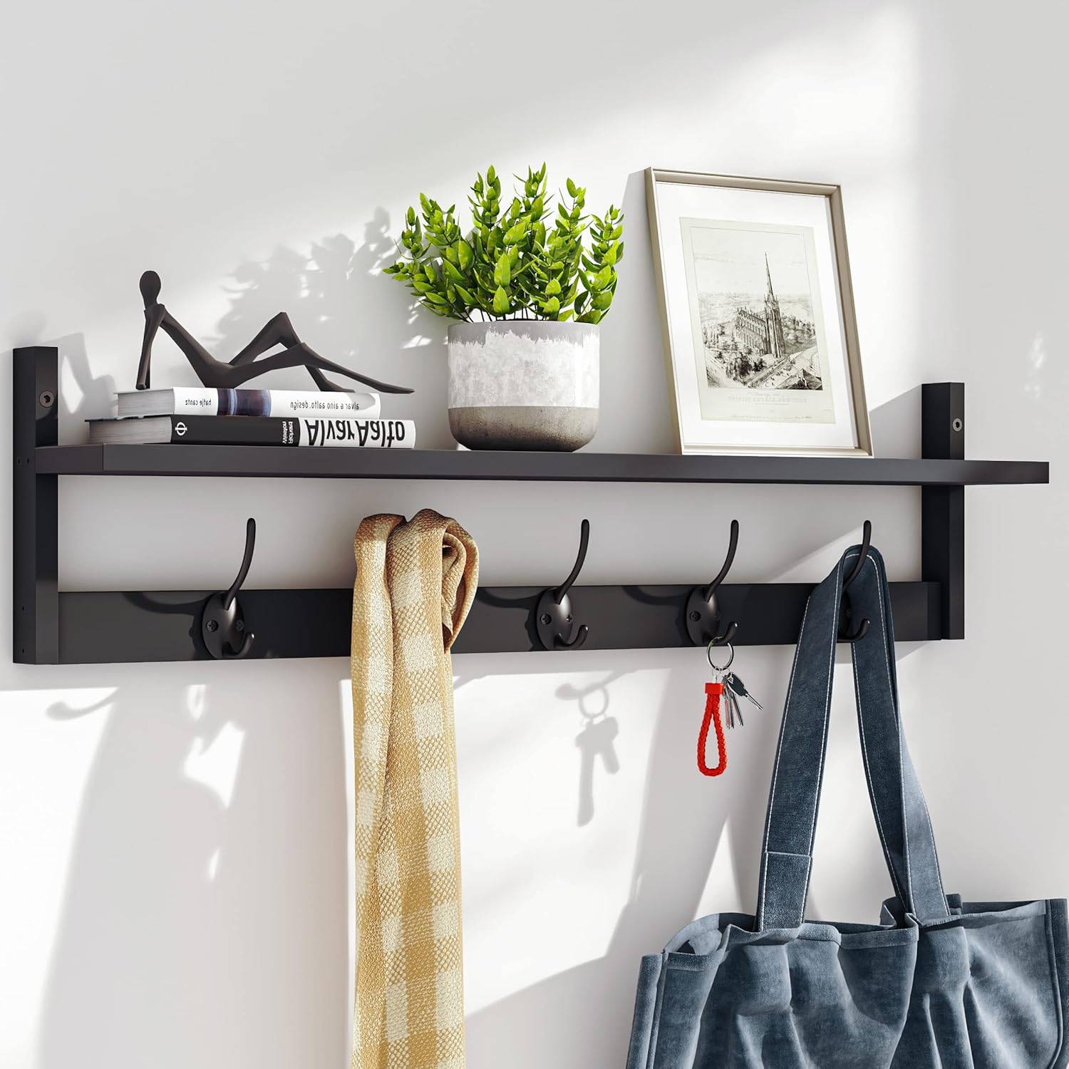 BAMEOS Wall Mounted Shelf with Hooks - Black