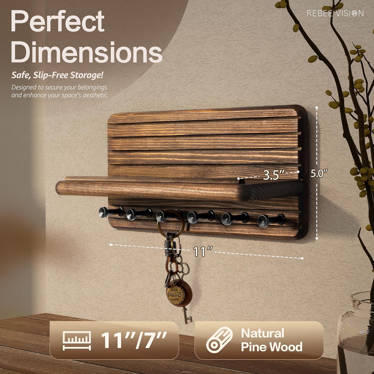 Rebee Vision Farmhouse Key Holder Wall Mount with 6 Hooks and Floating Shelf