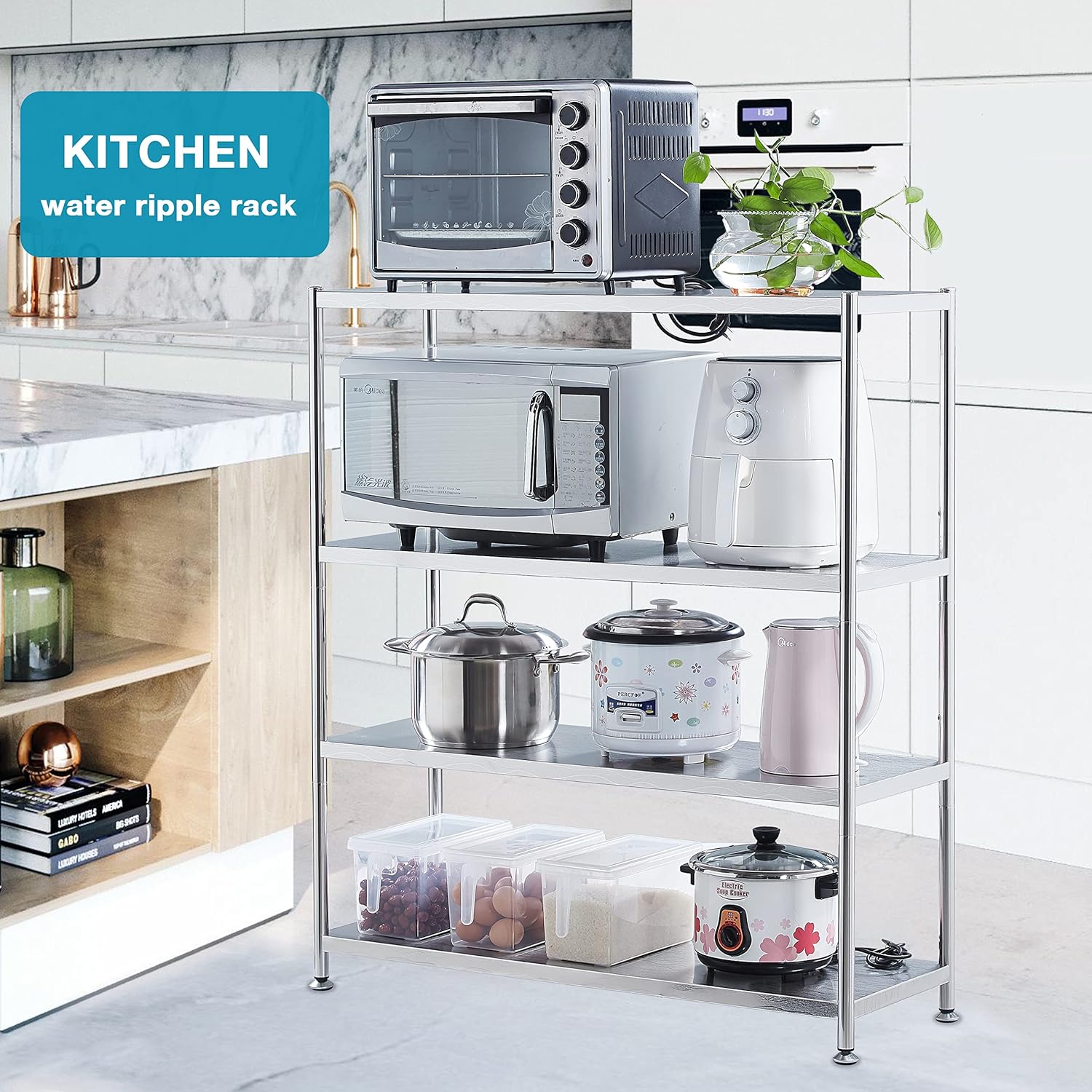 Stainless Steel Shelves 4 Tier Kitchen Storage Shelves Water Ripple Texture Durable and Waterproof