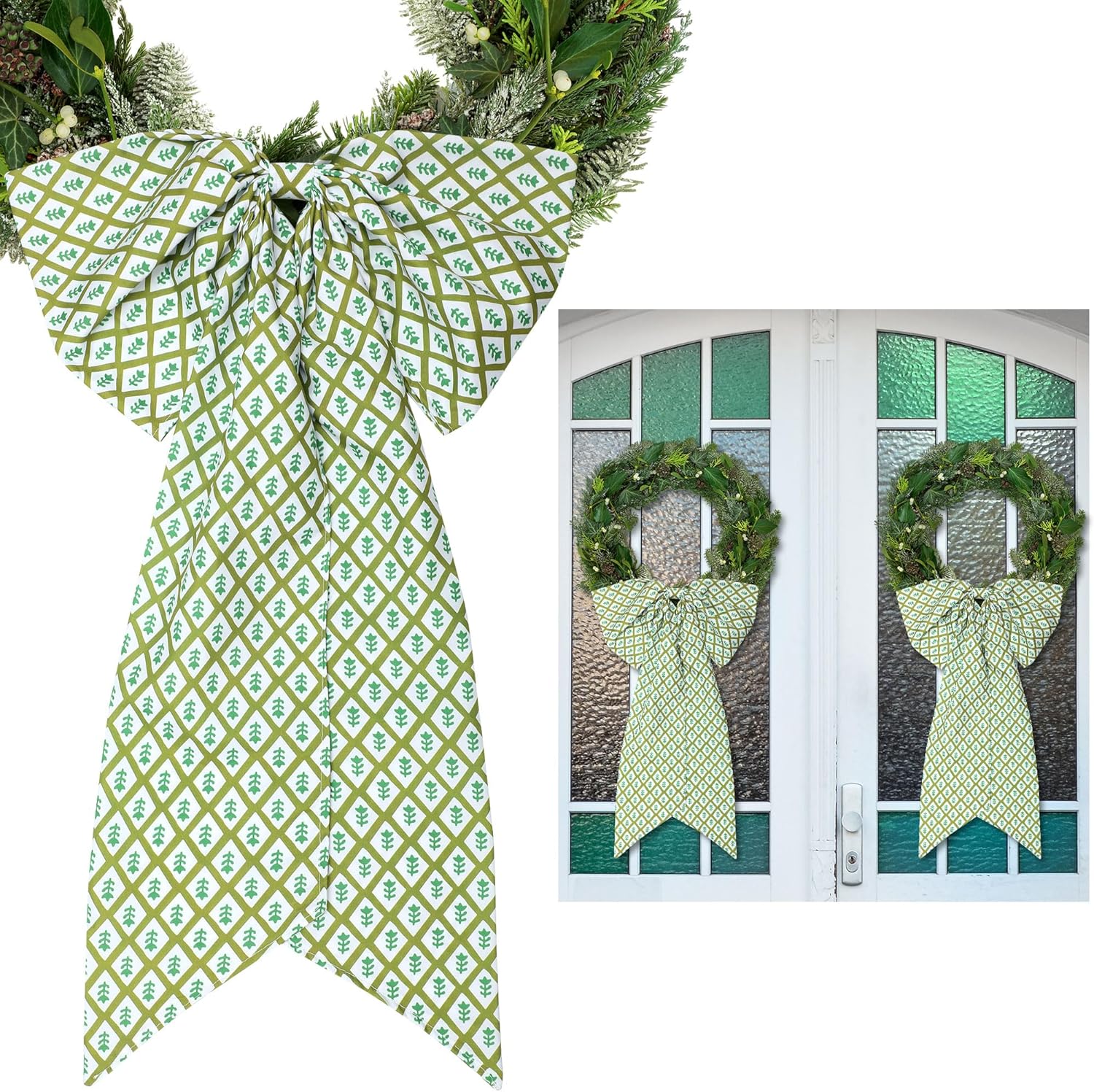 2 Pcs Green Block Print Wreath Sash for Front Door