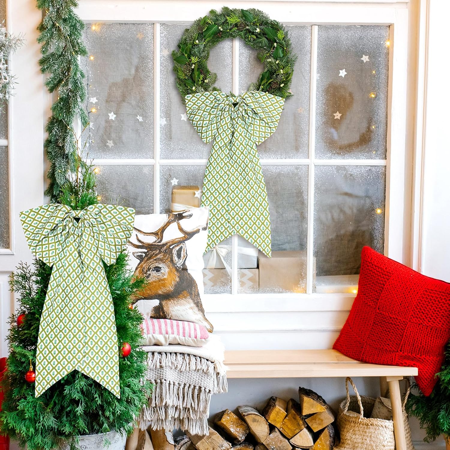 2 Pcs Green Block Print Wreath Sash for Front Door