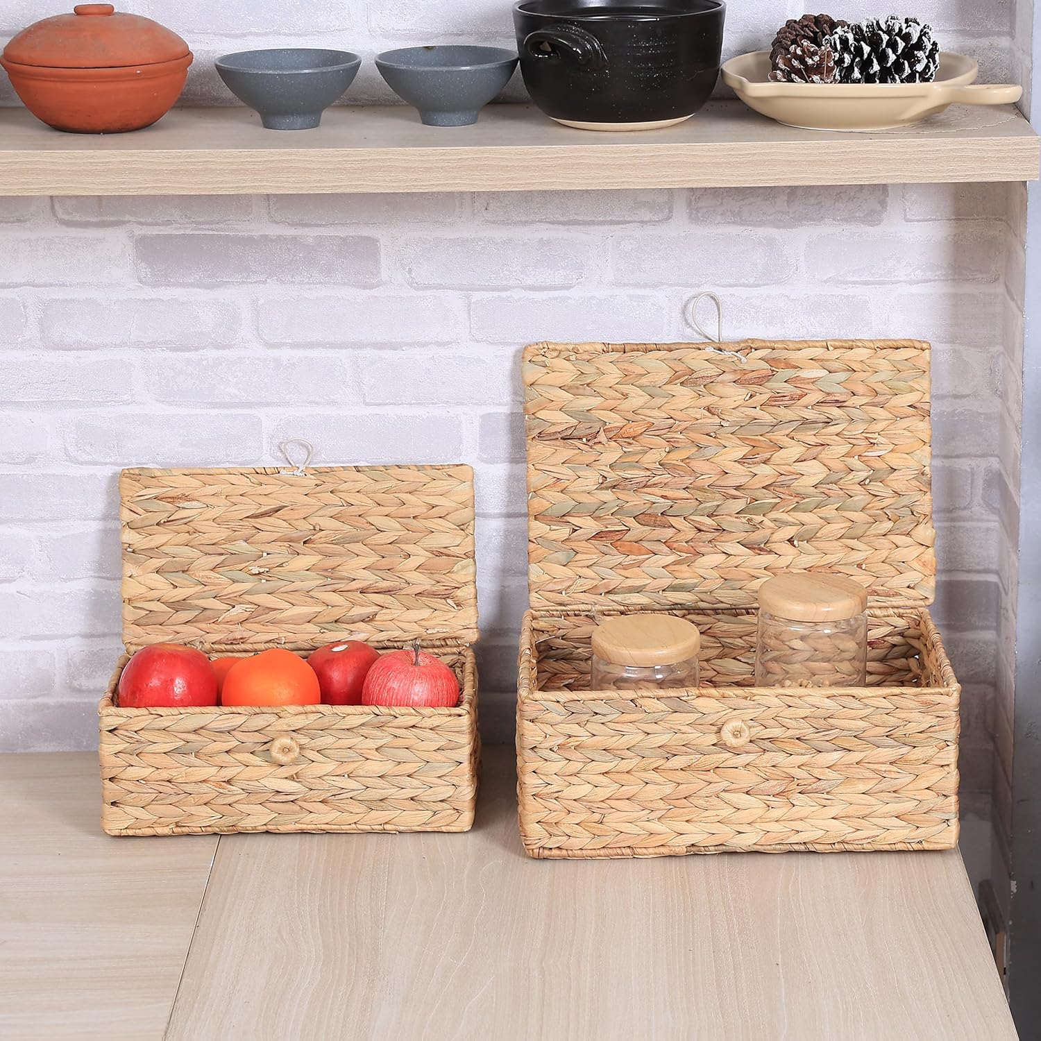 Set of 2 Rectangular Wicker Storage Bins with Lid