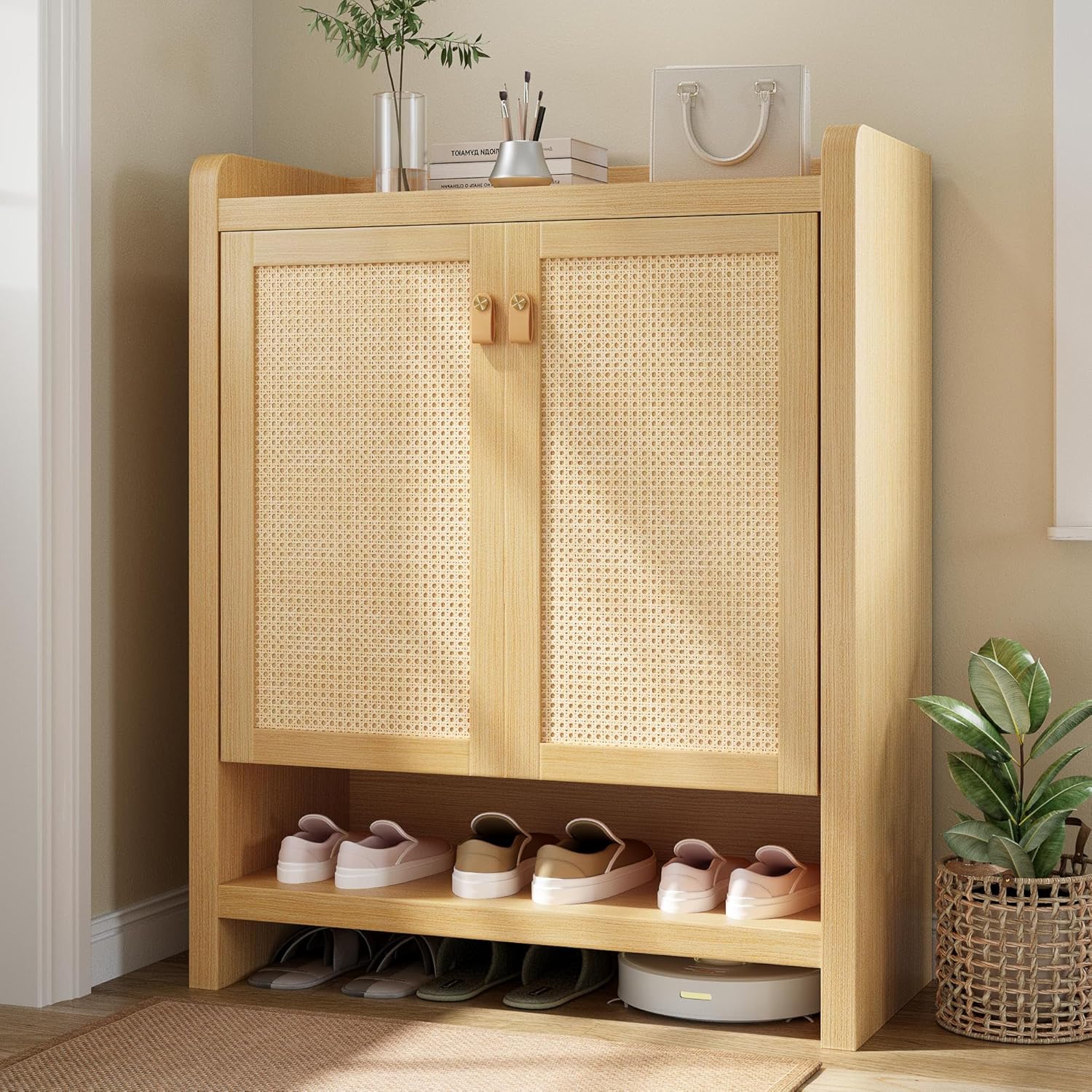 Senlin Rattan Shoe Cabinet with 5-Tier Storage and Rounded Corners