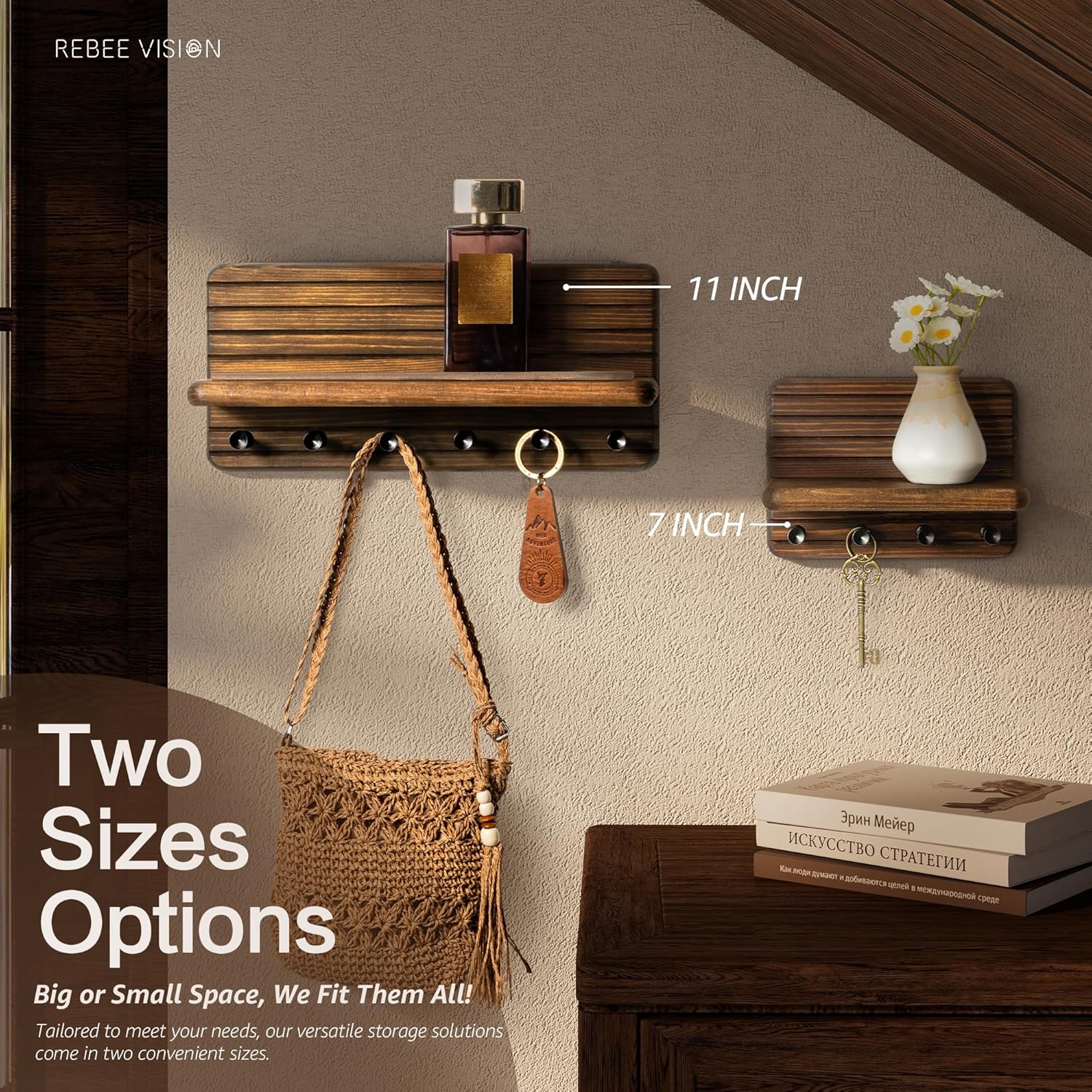 Rebee Vision Farmhouse Key Holder Wall Mount with 6 Hooks and Floating Shelf