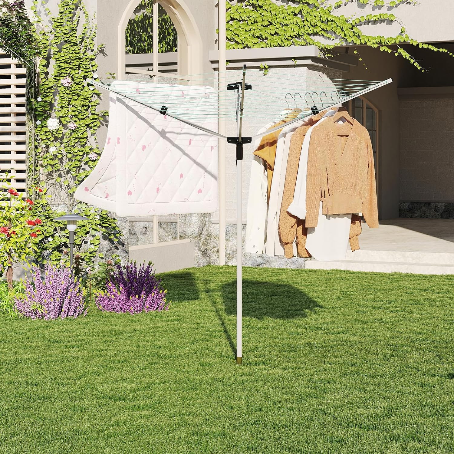Rotary Outdoor Umbrella Drying Rack with 12 Lines and 4 Arms