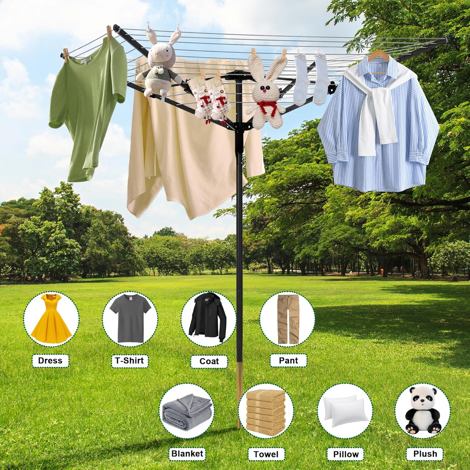MYOYAY 4 Arm Rotating Clothesline with 165ft Rope