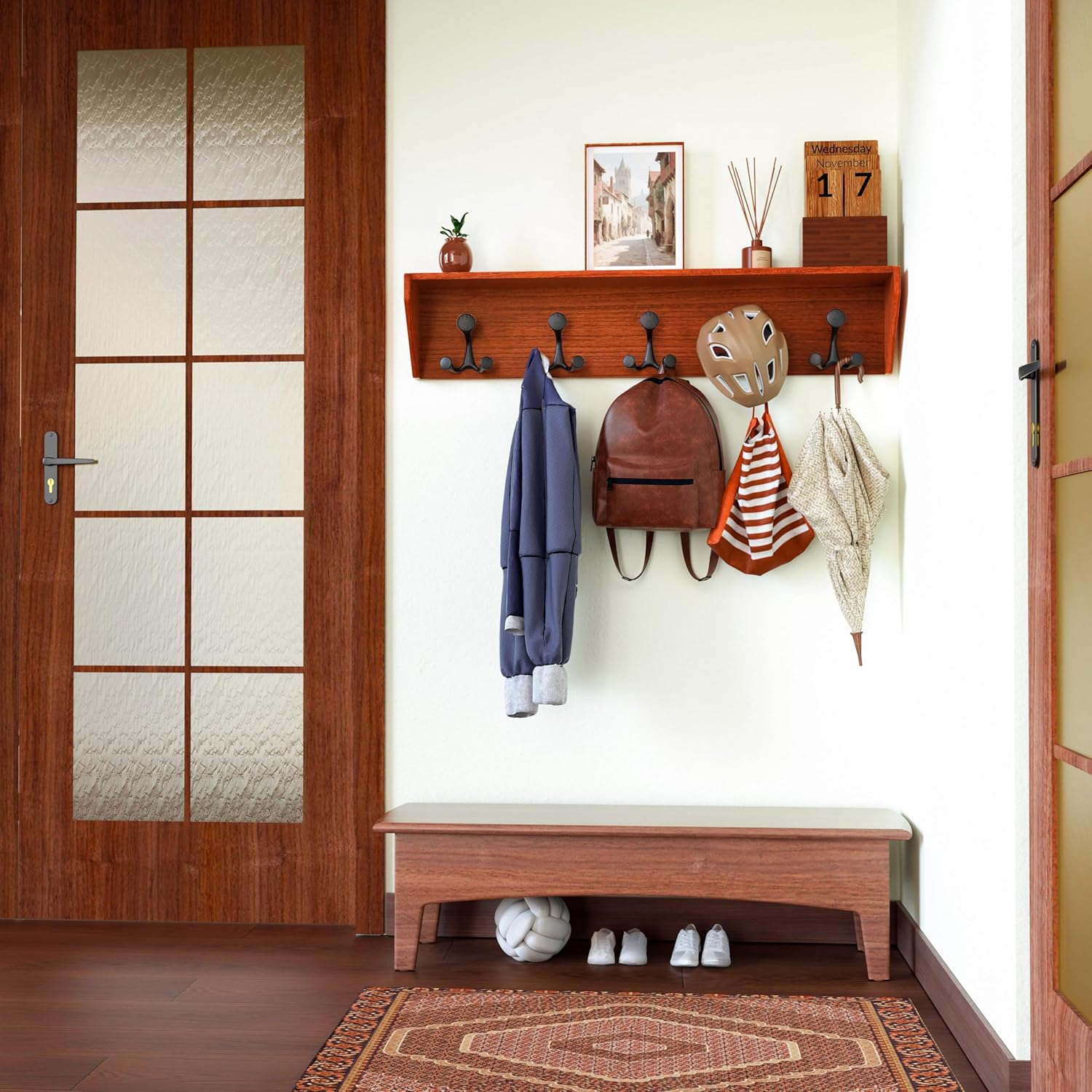 SKOLOO Wall Shelf with Hooks 24-Inch Cherry Coat Rack Organizer - Lightweight Sturdy