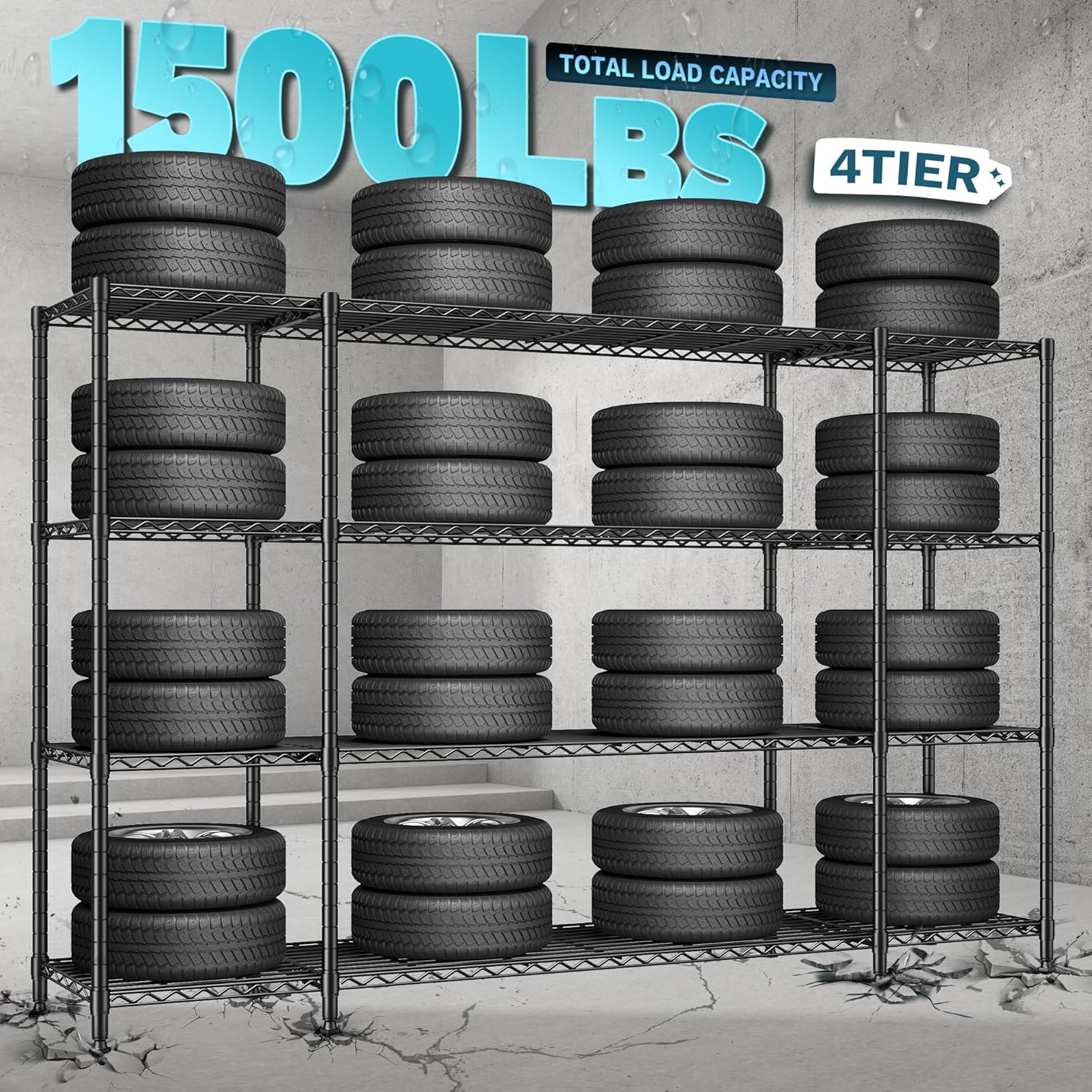 REIBII 784W 4-Tier Metal Shelving Unit 1500LBS Load Capacity