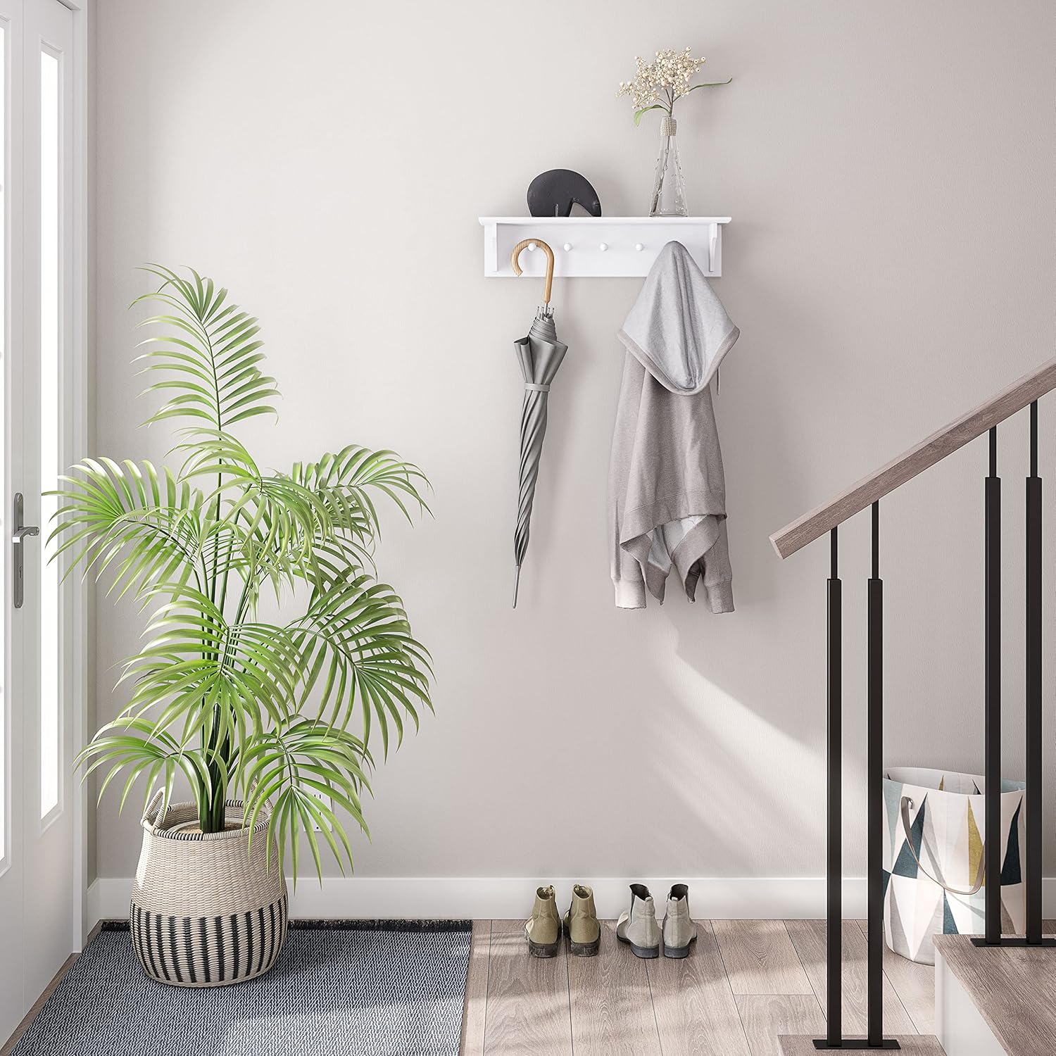 Ballucci Floating Coat and Hat Wall Shelf Rack 5 Pegs 24 White