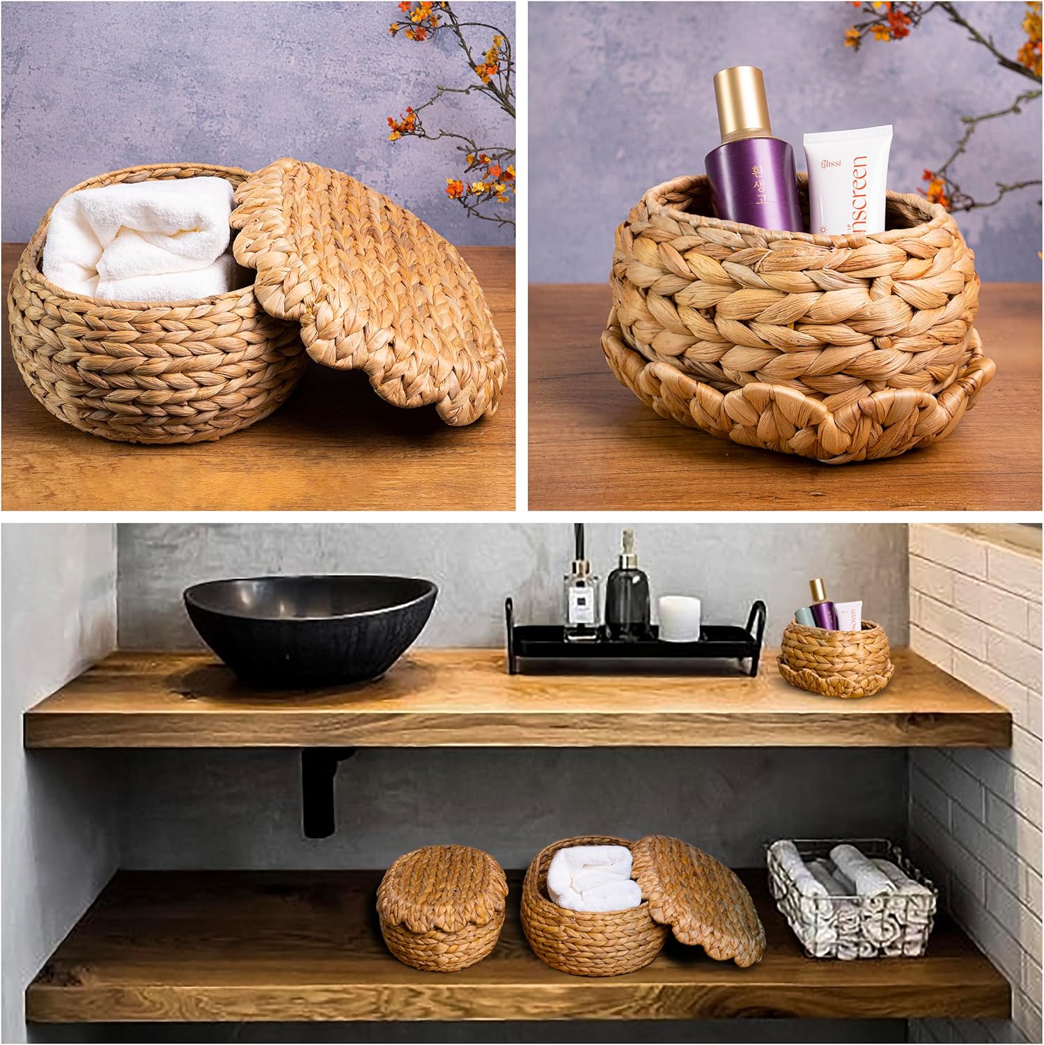 Set of 3 Wicker Storage Baskets with Lid - Decorative Water Hyacinth Bins
