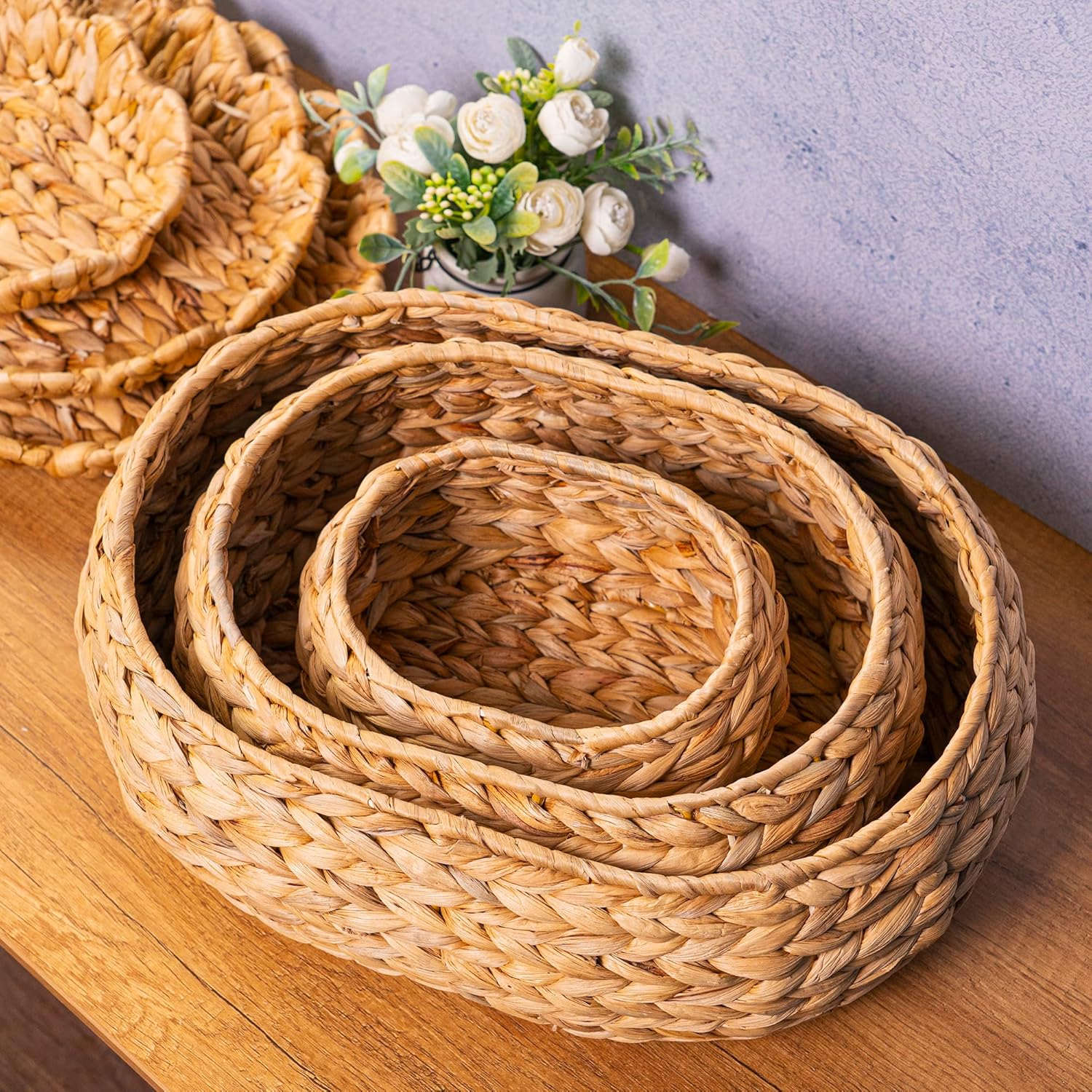 Set of 3 Wicker Storage Baskets with Lid - Decorative Water Hyacinth Bins
