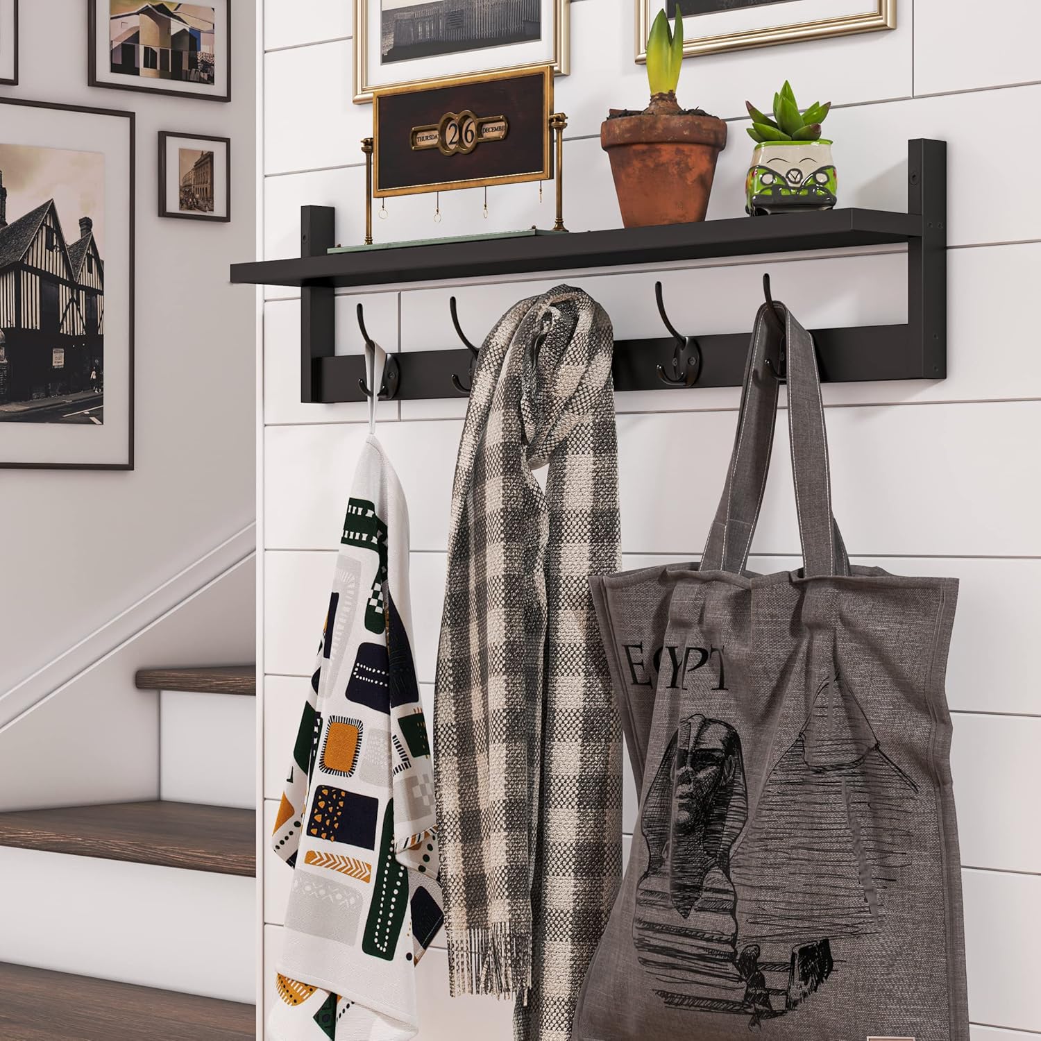 BAMEOS Wall Mounted Shelf with Hooks - Black
