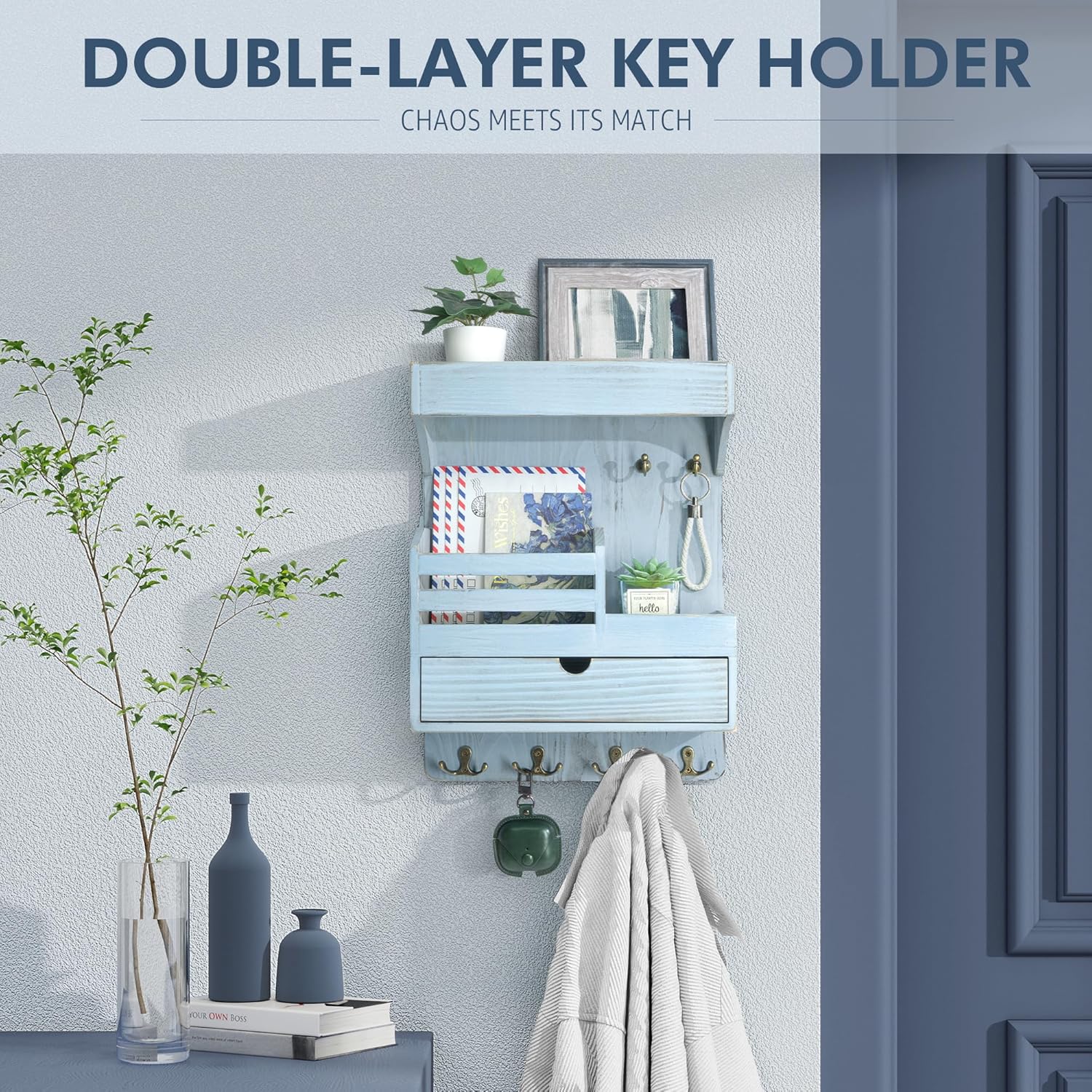 Rebee Vision Farmhouse Key Holder Wall Mount with Drawer Organizer - Blue
