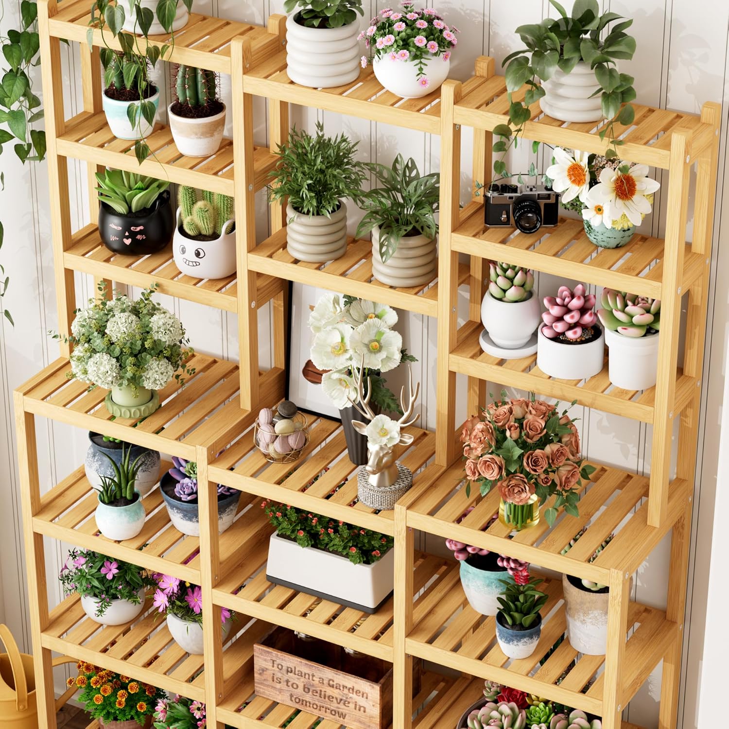 Fotosok Bamboo Shelf 7 Tier 3 Row Plant Stand