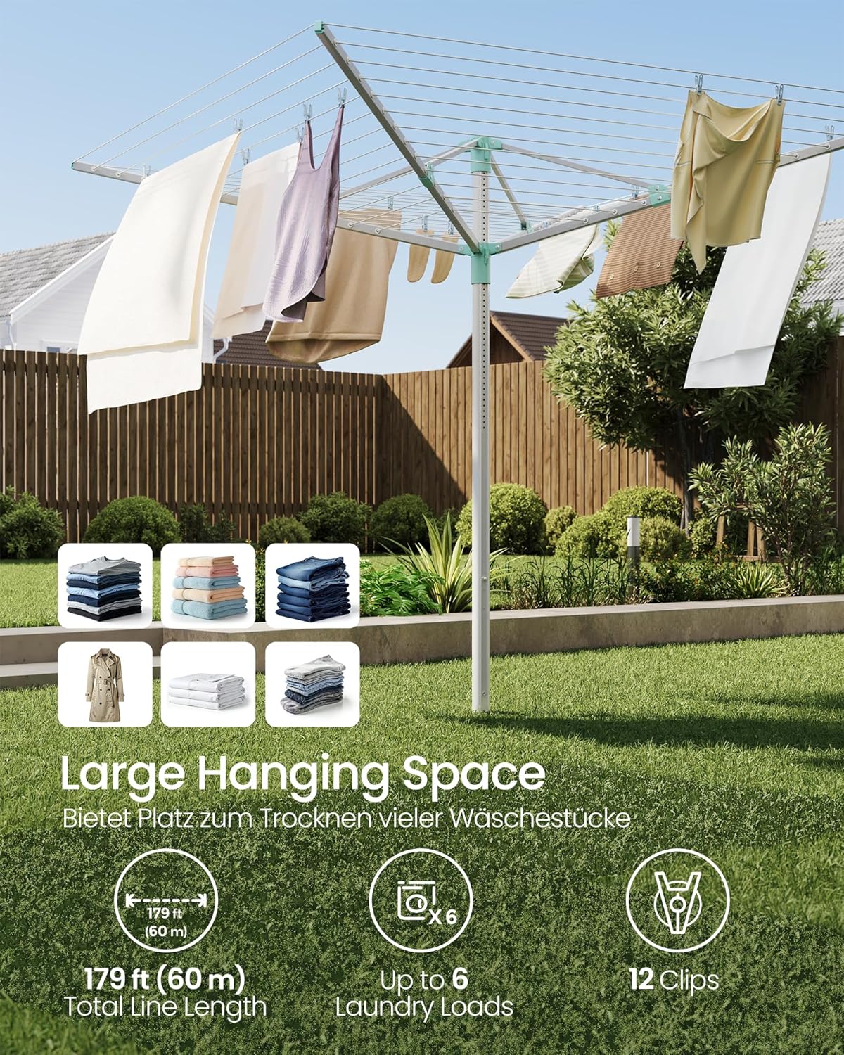 SONGMICS Retractable Clothesline Drying Rack with Ground Spike and Cover
