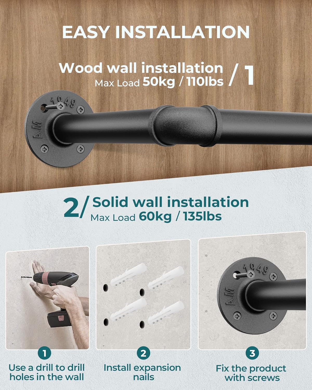 OROPY Industrial Pipe Clothes Rack Wall Mounted Set of 2