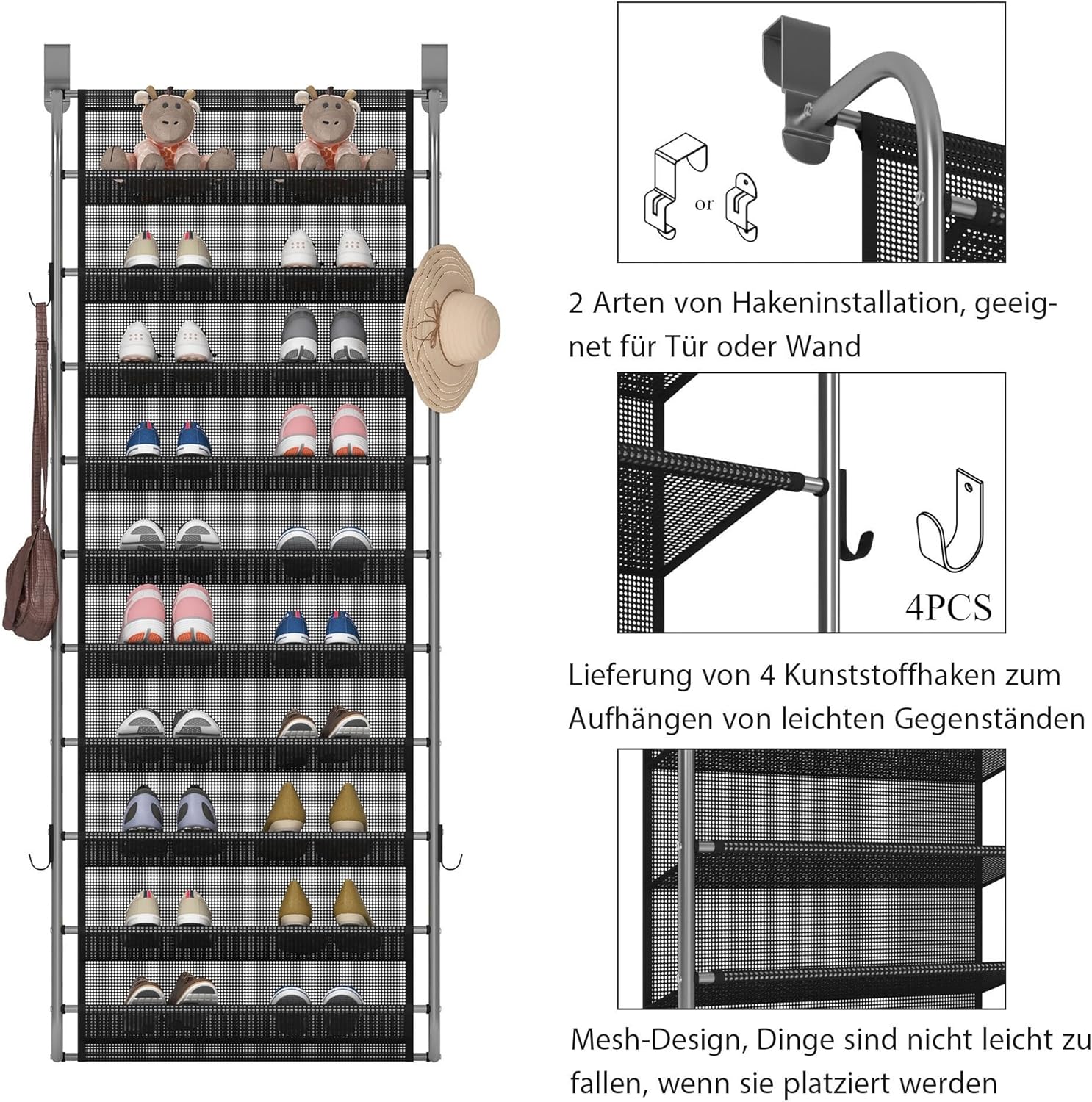 10 Tier Door Hanging Shoe Organizer Rack Gray