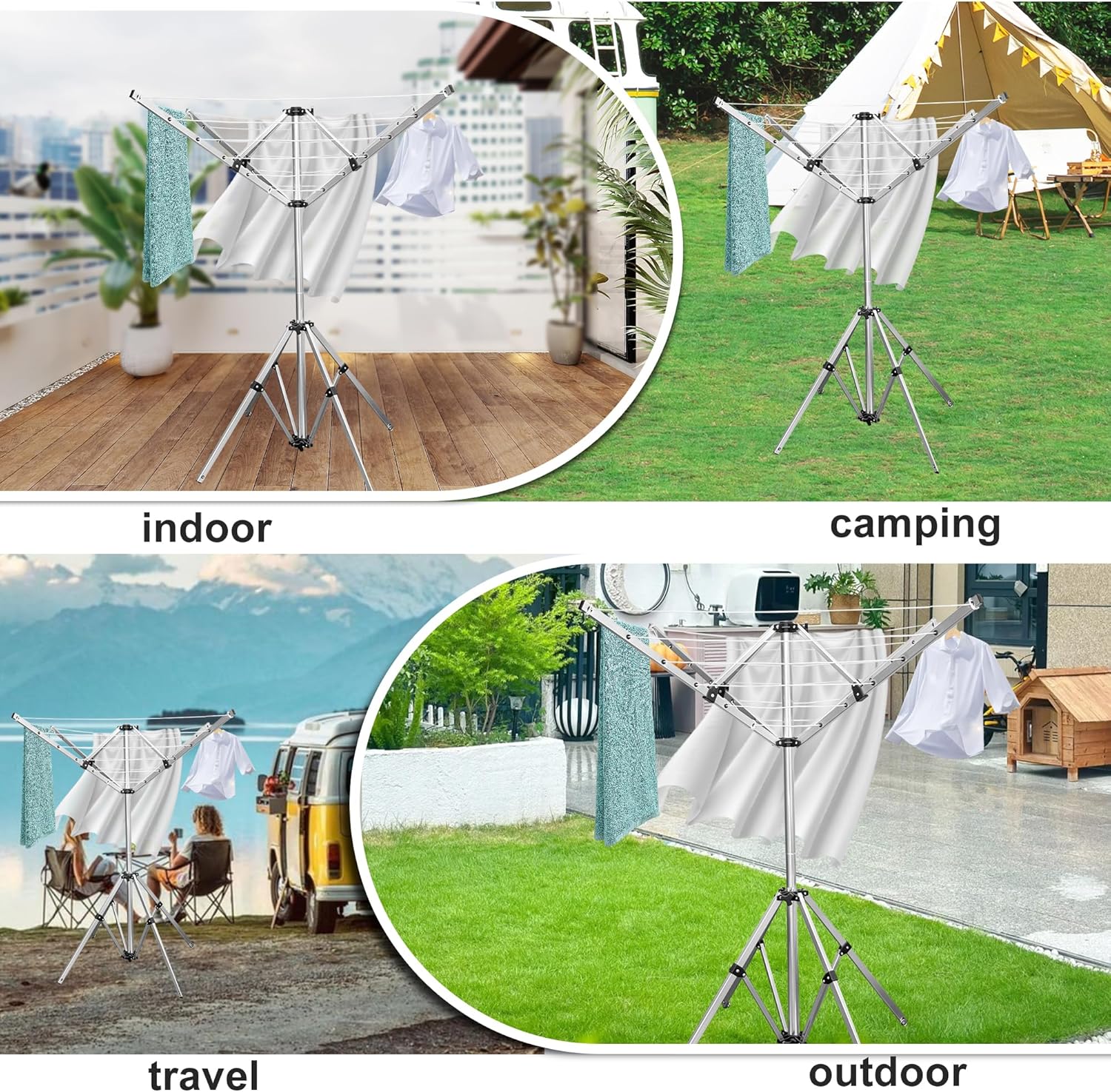 4-arm Telescopic Aluminum Drying Rack with 28 Ropes and Windproof Rotating Design