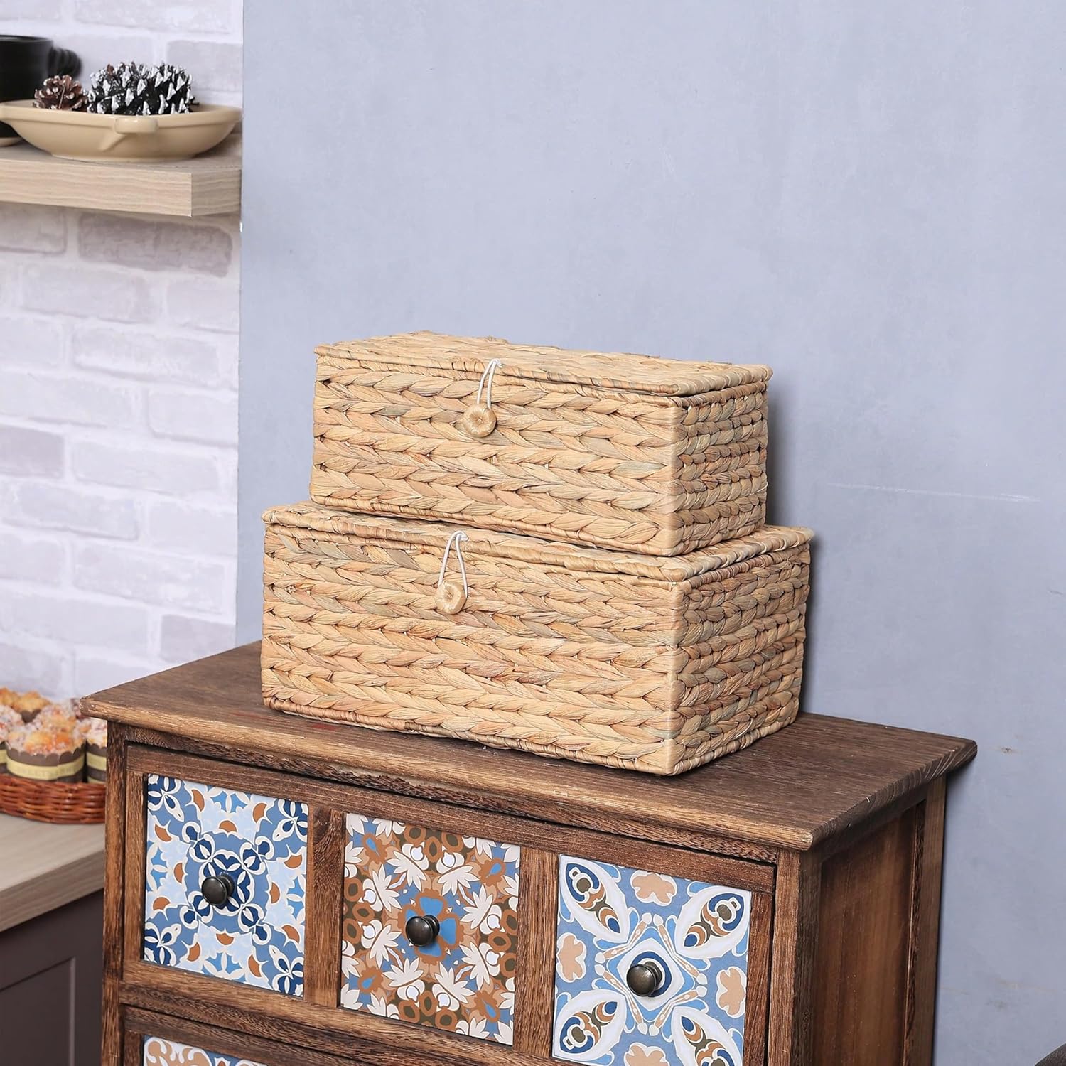 Set of 2 Rectangular Wicker Storage Bins with Lid